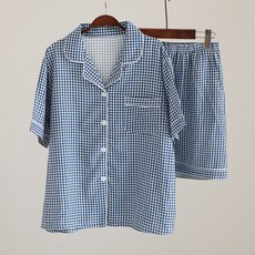 GLAM GONGGAM 情侶款涼感楊柳格紋柔軟短袖睡衣上下套裝