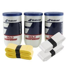 BABOLAT 錦標賽網球罐裝球 2入 x 3罐 + 握把布 2種 x 2入組, 1套, 綠色網球罐裝球 + 白色 + 黃色握把布