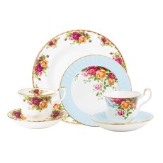 ROYAL ALBERT 皇室玫瑰雙人茶具組, 1套, 27公分盤 + 20公分盤 + 茶杯 2入 + 杯碟 2入, 藍色