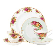ROYAL ALBERT 皇室玫瑰雙人茶具組, 1套, 27公分盤 + 20公分盤 + 茶杯 2入 + 杯碟 2入, 綠色