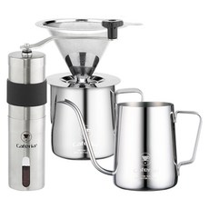 Caferia 手沖咖啡居家咖啡廳 3件組, 1套, 350ml, 陶瓷磨芯磨豆機 + 不鏽鋼手沖組 + 咖啡手沖壺