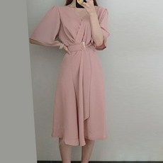 비비에모 벨트포인트 브이넥 랩 반팔 미디 원피스 07020