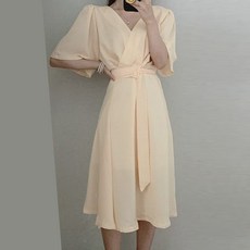 비비에모 벨트포인트 브이넥 랩 반팔 미디 원피스 07020
