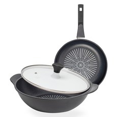 interCOOK 經典鑽石塗層不沾鍋具3件組, 平底鍋 24cm+雙耳炒鍋 28cm+玻璃鍋蓋, 1組