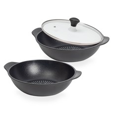 인터쿡 클래식 후라이팬 3종 세트, 파티웍 28cm + 파티웍 28cm + 유리뚜껑, 1세트, 블랙