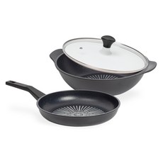 인터쿡 클래식 후라이팬 3종 세트, 후라이팬 20cm + 파티웍 28cm + 유리뚜껑, 1세트, 블랙