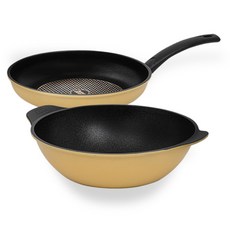 interCOOK 鑽石塗層不沾鍋具2件組, 1組, 平底鍋 24cm+雙耳炒鍋 28cm, 黃色