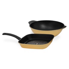 interCOOK 鑽石塗層不沾鍋具2件組, 方形煎鍋 27cm+雙耳炒鍋 28cm, 1組, 黃色