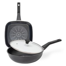 interCOOK 經典鑽石塗層不沾鍋具3件組, 方形煎鍋 27cm+炒鍋 28cm+玻璃鍋蓋, 1組, 黑色