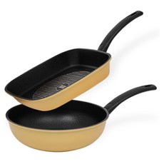 인터쿡 다이아 후라이팬 세트 2개, 사각팬 27cm + 궁중팬 28cm, 1세트, 노랑