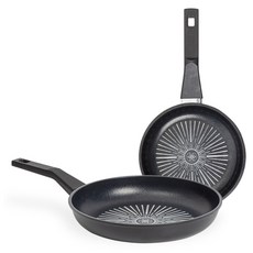 interCOOK 經典鑽石塗層不沾鍋具2件組, 平底鍋 24cm+平底鍋 20cm, 1組, 黑色