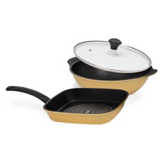 interCOOK 鑽石塗層不沾鍋具3件組, 方形煎鍋 27cm+雙耳炒鍋 28cm+玻璃鍋蓋, 1組, 黃色