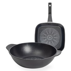 인터쿡 클래식 프라이팬 세트 2개, 블랙, 사각팬 27cm + 파티웍 28cm, 1세트