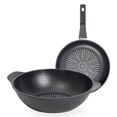 interCOOK 經典鑽石塗層不沾鍋具2件組, 1組, 平底鍋 28cm+雙耳炒鍋 28cm, 黑色
