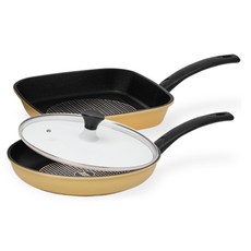 interCOOK 鑽石塗層不沾鍋具3件組, 1組, 方形煎鍋 27cm+平底鍋 28cm+玻璃鍋蓋, 黃色