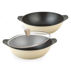 QUEEN SENSE Sanz平底鍋3件組, 米色, 圓炒鍋 28cm+圓炒鍋 28cm+玻璃鍋蓋, 1組