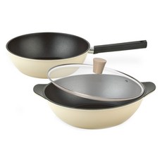 퀸센스 샌드 후라이팬 세트 3개, 베이지, 궁중팬 24cm + 파티웍 28cm + 유리뚜껑 28cm, 1세트