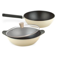 퀸센스 샌드 후라이팬 세트 3개, 베이지, 궁중팬 28cm + 파티웍 28cm + 유리뚜껑 28cm, 1세트