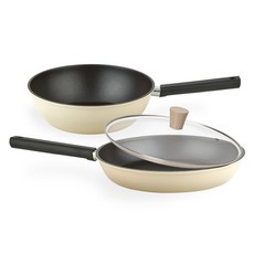 QUEEN SENSE Sanz鍋具3件組, 平底鍋 28cm+炒鍋 24cm+玻璃鍋蓋, 米色, 1組