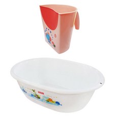 fisher-price 費雪 新生兒浴盆 + 洗髮沖洗杯套組, 浴盆(白色), 杯子(粉紅色)