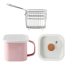 電磁爐適用方形琺瑯鍋 1.45L+玻璃蓋+炸物網組, 13.5cm, 粉色, 1組
