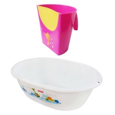 fisher-price 費雪 新生兒浴盆 + 洗髮沖洗杯套組, 浴盆(白色), 杯子(桃紅色)