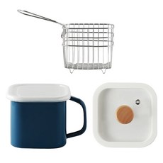 電磁爐適用方形琺瑯鍋 1.45L+玻璃蓋+炸物網組, 13.5cm, 海軍藍(鍋子), 1組