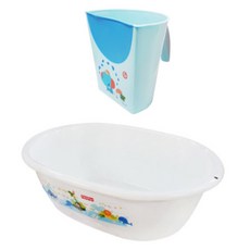 fisher-price 費雪 新生兒浴盆 + 洗髮沖洗杯套組, 浴盆(白色), 杯子(藍色)