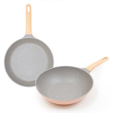 chefria Picnic大理石塗層IH感應爐適用輕量平底鍋 2種組, 平底鍋 28cm+深炒鍋 28cm, 粉色, 1組