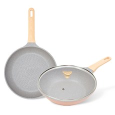 chefria Picnic大理石塗層IH感應爐適用輕量平底鍋 3件組, 平底鍋 26cm+深炒鍋 24cm+玻璃鍋蓋 24cm, 粉色, 1組