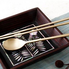 INHYUN Gongbang 安城訂製銅器餐具單人禮品組, 湯匙 + 筷子 + 錦囊 + 韓紙盒 + 禮品包裝, 隨機出貨(錦囊), 1套