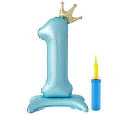 OLIVEPARTY 大型站立式皇冠生日氣球 數字1 + 手動打氣筒組合, 1套, 藍色(氣球)