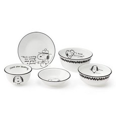 Corelle Brands 康寧餐具 Snoopy & Charlie 特別版 單人韓式獨食餐具組 5件組, 白色 + 黑色, 1套, 飯碗 + 湯碗 + 點心盤 + 圓形小碟 + 小麵碗