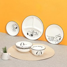 Corelle Brands 康寧餐具 Snoopy & Charlie 特別版 單人韓式YOLO餐具組 5p, 白色 + 黑色, 1套, 飯碗 + 湯碗 + 鷹架盤 + 圓形小碟 + 三格盤(小)