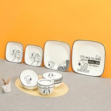 Corelle Brands 康寧餐具 Snoopy & Charlie版 雙人韓式方形餐具組 10p, 混合色, 飯碗 2p + 湯碗 2p + 前菜盤 2p + 方形小碟 2p + 方形中盤 + 方形大盤, 1套