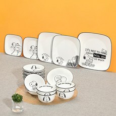 Corelle Brands 康寧餐具 Snoopy & Charlie 聯名款 4人韓式方形實惠餐具組 17件組, 白色 + 黑色, 1套, 飯碗 4p + 湯碗 4p + 小碟 2p + 方形小碟 2p + 方形中碟 2p + 方形大碟 + 中型小菜碟 2p
