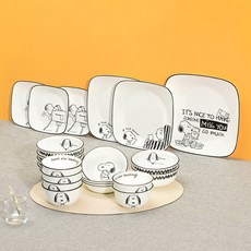 Corelle Brands 康寧餐具 Snoopy & Charlie 聯名款 6人份韓式方形餐具組 A 22件組, 白色 + 黑色, 飯碗 6p + 湯碗 6p + 小菜盤 4p + 方形小碟 3p + 方形中碟 2p + 方形大盤, 1套