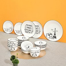 Corelle Brands 康寧餐具 史努比與查理版 6人份 韓式基本餐具組 21件組, 白色 + 黑色, 飯碗 6p + 湯碗 6p + 餐盤 4p + 圓形小盤 2p + 圓形中盤 2p + 圓形大盤