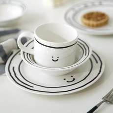플라라 카툰 스마일 식기 세트 3p, 화이트, 1세트, 접시 + 쿠프 + 컵