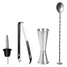 KALDIN 居家調酒雞尾酒組合 量酒器 30 / 60ml + 倒酒器 + 吧叉匙 + 冰夾套組, 銀色, 1套