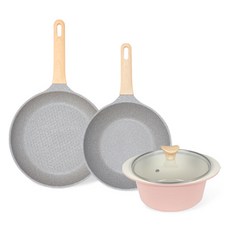 chefria 電磁爐適用Picnic系列大理石塗層輕量鍋具組, 粉色, 1組, 平底鍋 26cm+深炒鍋 24cm+雙耳鍋 20cm