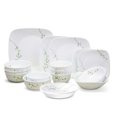Corelle Brands 康寧餐具 Green Delight 4人韓式方形家庭餐具組 18p, 飯碗 4p + 湯碗 4p + 分享盤 2p + 方形小碟 2p + 方形中碟 2p + 方形大盤 + 中型沙拉碗 + 中型配菜碗 2p, 混合色, 1套