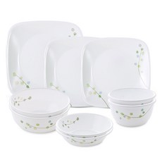 Corelle Brands 康寧餐具 Green Delight 雙人韓式方形餐具9件組, 混合色, 飯碗 2p + 湯碗 2p + 前菜盤 2p + 方形小盤 2p + 方形中盤, 1套