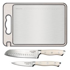 bella cuisine 經典廚房刀 + 水果刀 + 不鏽鋼磨刀器 雙面砧板套組, 菜刀 + 水果刀 + 雙面砧板, 1套