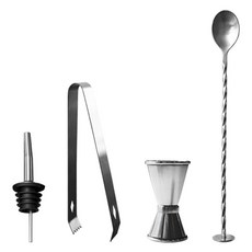 KALDIN 居家調酒雞尾酒套組 量酒器 15 / 30ml + 倒酒器 + 吧叉匙 + 冰夾套組, 銀色, 1套