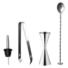 KALDIN 家用調酒 雞尾酒雙頭量酒器 30 / 60ml + 倒酒器 + 吧叉匙 + 冰夾組合, 1套, 銀色金環(量酒器)