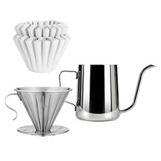 KALDIN 居家咖啡手沖組合, 全不鏽鋼濾杯 + 波浪型濾紙 白色 + 手沖壺 600ml, 1套