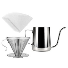 KALDIN 居家咖啡手沖套組, 1套, 全不鏽鋼濾杯 + V型濾紙 白色 50p + 手沖壺 600ml