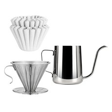 KALDIN 居家咖啡館手沖套組, 1套, 全不鏽鋼濾杯 + 波浪型濾紙白色 + 手沖壺 350ml