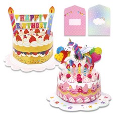 Maumdama 大型立體蛋糕生日賀卡2款 + 信封2款套組, 混合顏色, 1套